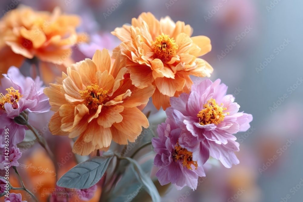 Vibrant Orange and Pink Flowers Blooming in Soft Focus with Delicate Petals and Green Leaves