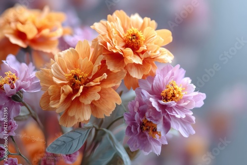 Obraz na płótnie Vibrant Orange and Pink Flowers Blooming in Soft Focus with Delicate Petals and Green Leaves w salonie