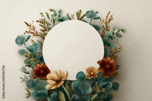 Obraz na płótnie Elegant Floral Frame with Blank Circle for Custom Text or Artwork Decoration w salonie