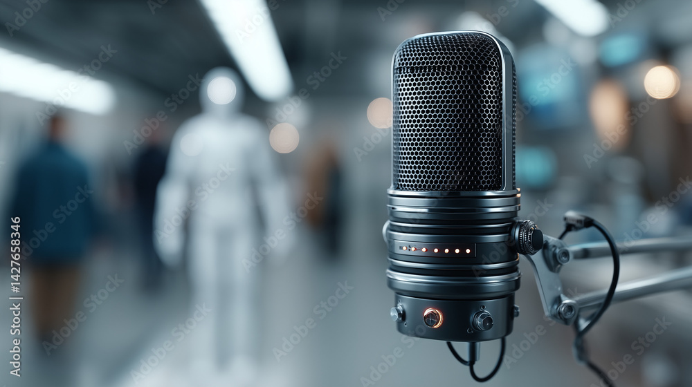 Microphone in Focus: A close-up of a modern microphone, capturing its sleek design against a blurred backdrop of an industrial setting, evokes a sense of technology and the act of creation. Microphone in Focus: A close-up of a modern microphone, capturing its sleek design against a blurred backdrop of an industrial setting, evokes a sense of technology and the act of creation.