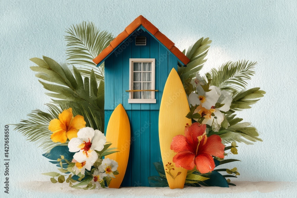 Vibrant Beach Hut with Surfboards Surrounded by Tropical Flowers and Lush Green Foliage