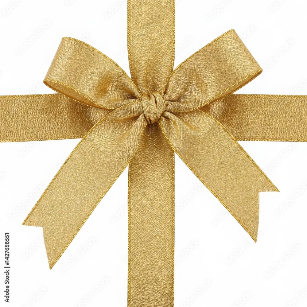 Fototapeta premium Close up of a shiny gold ribbon tied in a bow on a white background for gift wrapping or decoration
