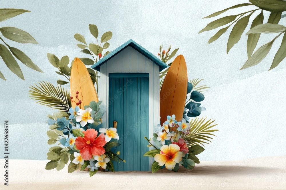 Tropical Beach Hut Surrounded by Colorful Flowers and Surfboard in a Scenic Summertime Setting