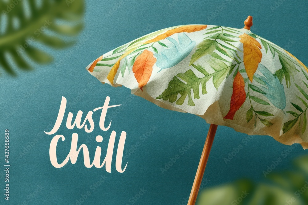 Colorful Umbrella with Tropical Leaves and Just Chill Text on a Teal Background