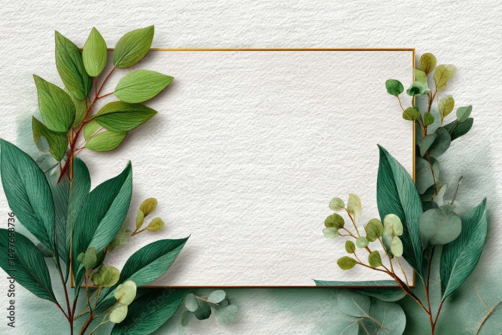 Elegant Nature-Inspired Frame with Green Leaves and Gold Border for Decorative Purposes
