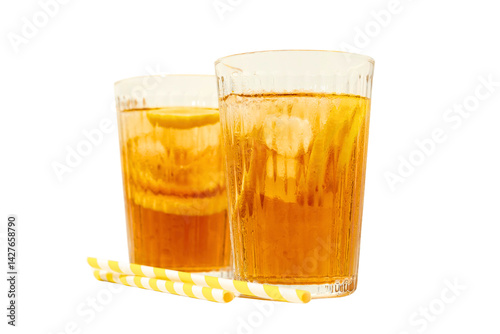 Two tall glasses of iced tea filled with ice and lemon slices, isolated on white, PNG