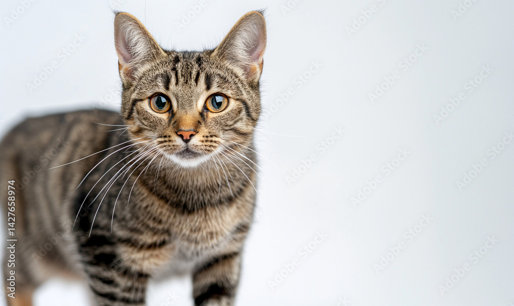 Striped Cat Staring Directly at Camera on Plain Background Striped Cat Staring Directly at Camera on Plain Background
