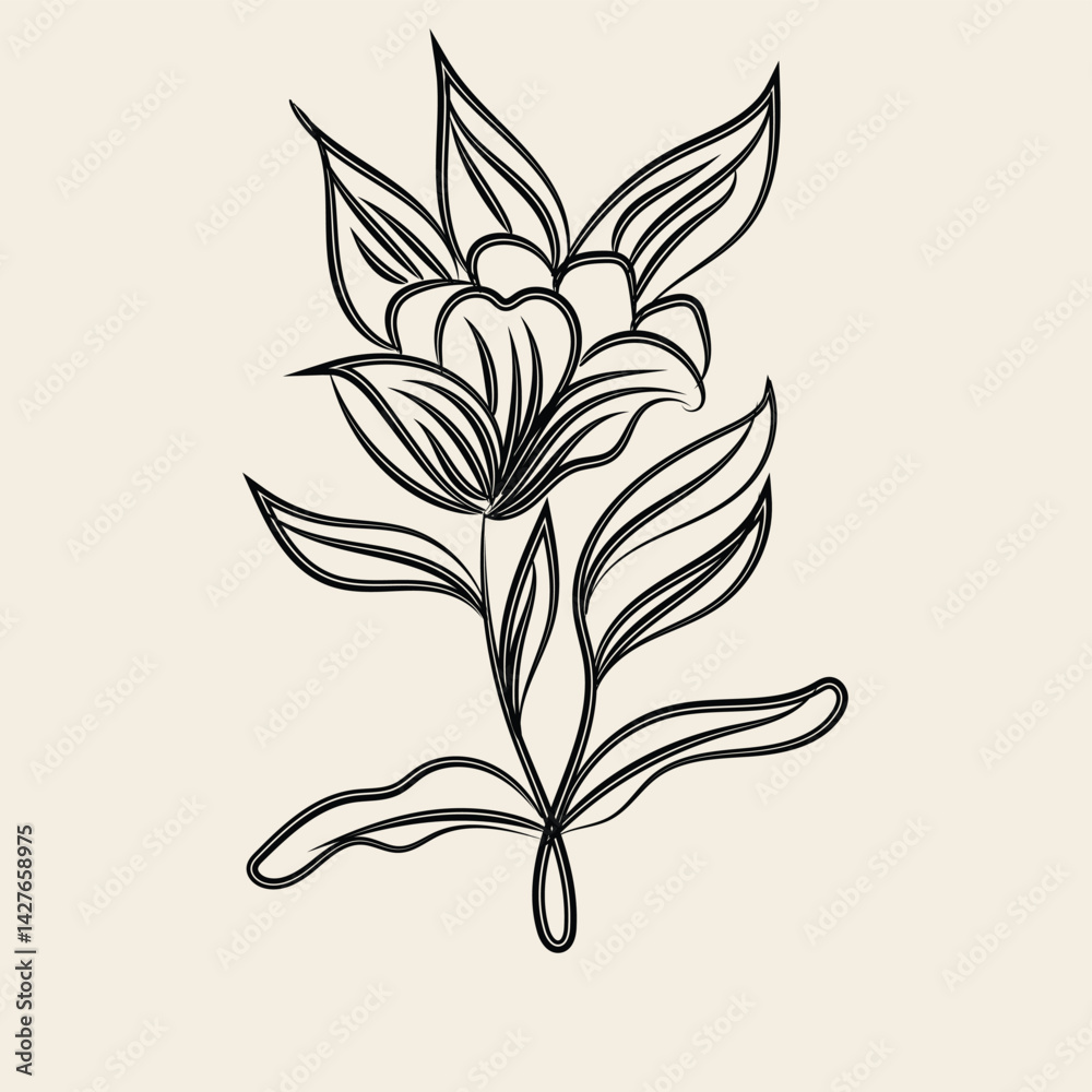 Obraz premium Elegant Black Line Art Flower Drawing Botanical Illustration