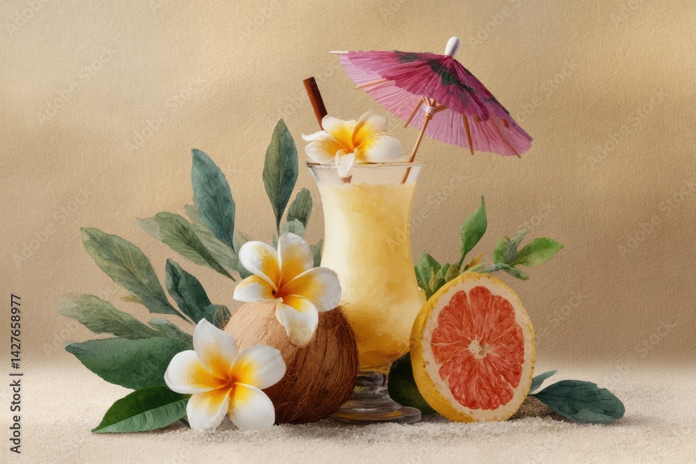 Tropical Cocktail with Umbrella, Coconut, Grapefruit and Flowers on Sandy Surface