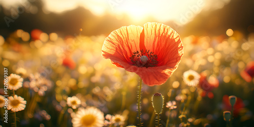 Red Poppy Flower in Sunlit Field, Vibrant Red Poppy Flower in Bloom, Bright Red Poppy Flower with Green Background

