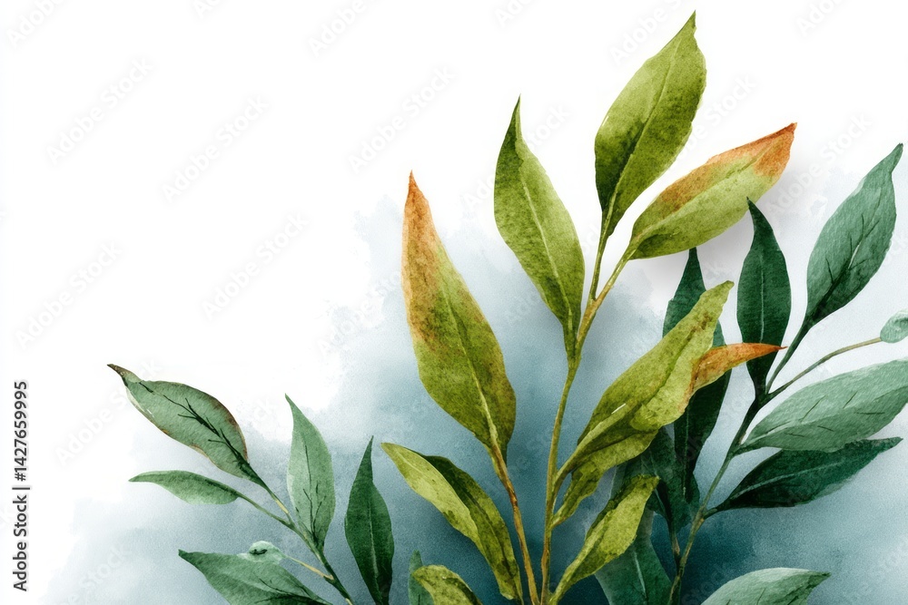Vibrant Green Leaves with Watercolor Background for Nature and Botanical Design Projects