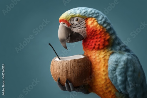 Colorful Parrot Holding Coconut Drink in Vibrant Tropical Setting