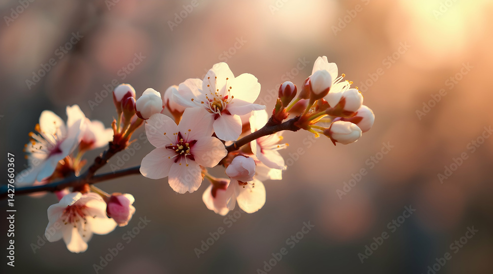 Blooming Branch with Delicate White Flowers in Soft Sunlight Blooming Branch with Delicate White Flowers in Soft Sunlight