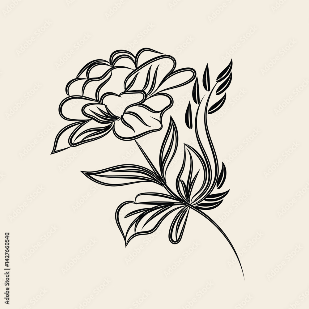 Obraz premium Elegant Black Line Art Floral Design Botanical Illustration