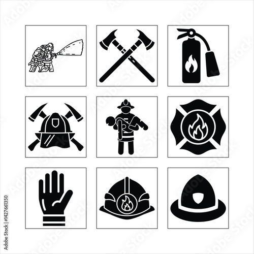 Fire Fighters Pose Black And White Icons Set Vector Illustration Elements