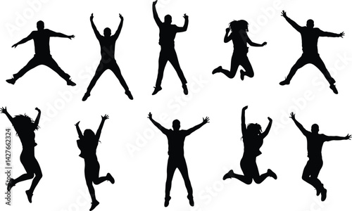 Silhouettes of man and woman jumping, happy people jumping