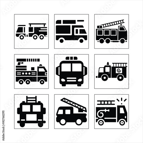 Fire Truck Icons Set Featuring Different Fire Fighters Pose Elements