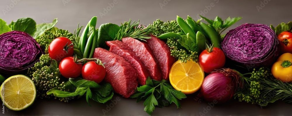 Panorama of fresh pet food featuring uncooked healthy fodder concept. Fresh vegetables and meat arranged for a colorful presentation. Panorama of fresh pet food featuring uncooked healthy fodder concept. Fresh vegetables and meat arranged for a colorful presentation.