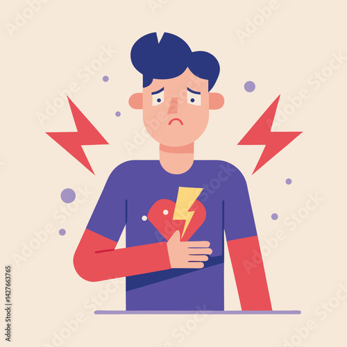 Flat Design Illustration of a Broken Heart and Heart Attack, Symbolizing Emotional and Physical Pain of Heartbreak