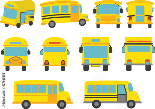 A collection of school bus illustrations from various angles, for educational materials, transport designs, children content, and school-related visuals.