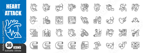 Heart attack . Myocardial infarction . Medical outline icon . Editable stroke . Vector .