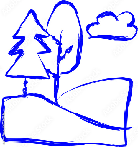 landscape icon in doodle style. blue line scribble icon	