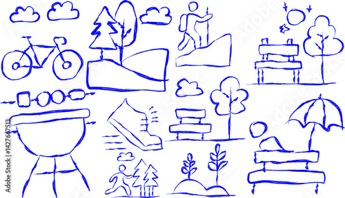 Icon set depicting garden activities: gardening, jogging, walking, recreation, barbecue, relaxing, hiking, cycling and beautiful scenery.