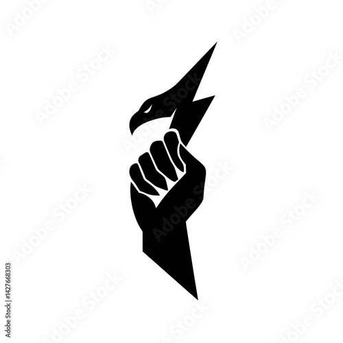 Stylized illustration of a clenched fist holding an eagle and lightning bolt, concept for power, strength, and energy branding