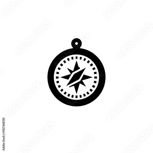 Black compass icon on white background, concept for navigation, direction, travel, and exploration