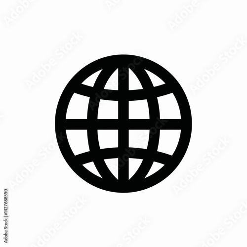 Bold black globe icon on white background, concept for website, internet, global network, and worldwide connection