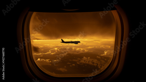 Passenger airplane ascending into golden sunset clouds viewed through window, symbolizing journey home, travel adventure and aviation experience.