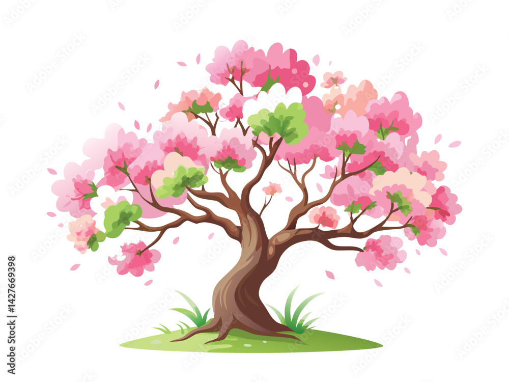 Fototapeta premium Pink Blossom Tree Illustration – Spring Cherry Art on White Background