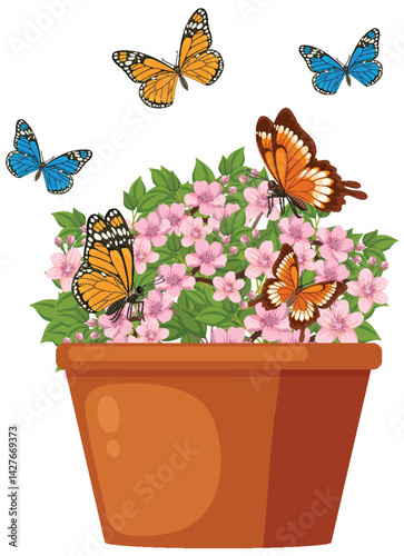 Colorful Butterflies and Blossoms in Terracotta Pot