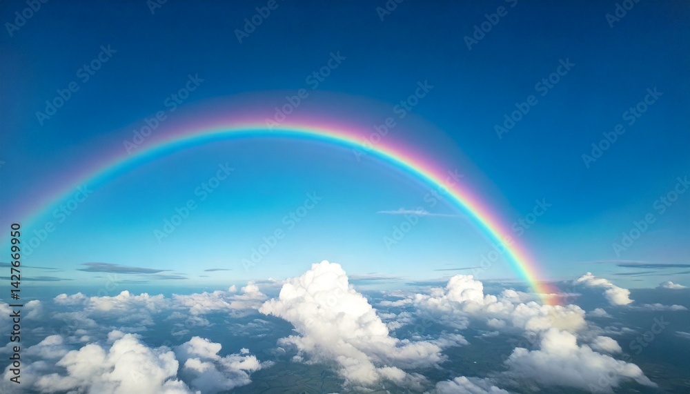 3DCG illustration from viewpoint of drone or airplane flying through refreshing blue sky toward rainbow above. Aerial shot. 3DCG illustration from viewpoint of drone or airplane flying through refreshing blue sky toward rainbow above. Aerial shot.
