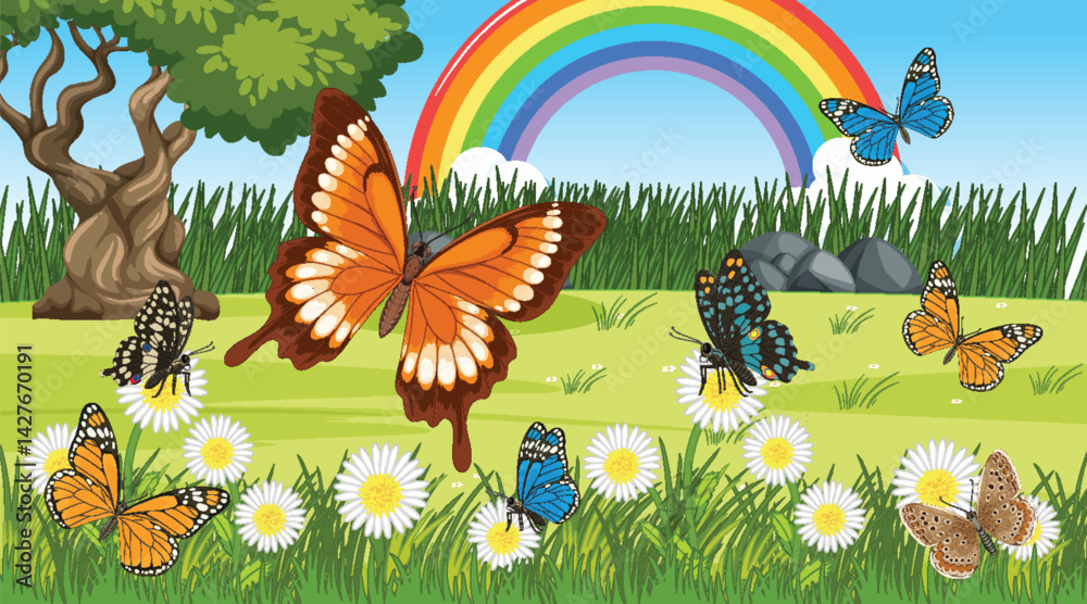 Fototapeta premium Colorful Butterflies in a Vibrant Meadow Scene