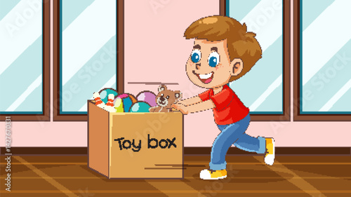 Child Pushing Toy Box in Playroom