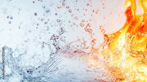 Water and fire clashing.  A dramatic visual of water splashes and flames