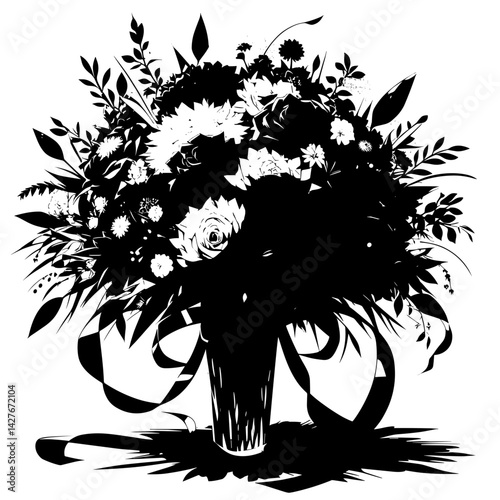 Black silhouette of a floral bouquet with ribbons in a vase  