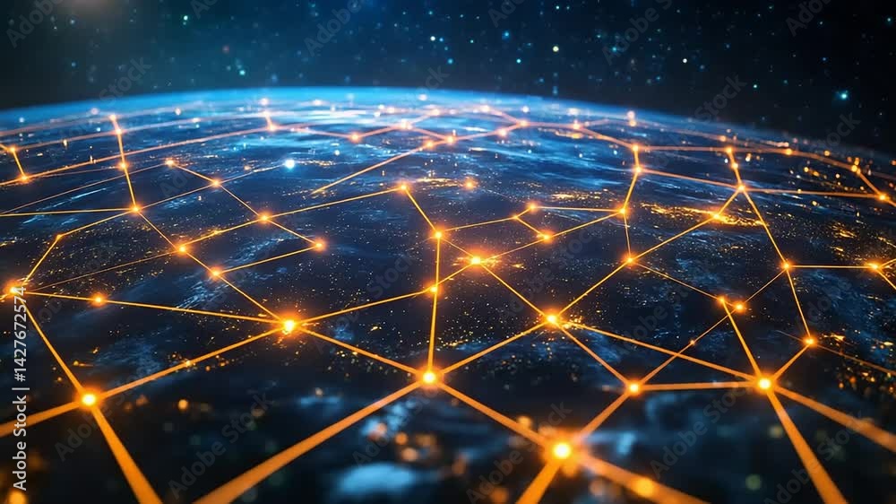 A vibrant digital network connecting cities across the globe at night, showcasing illuminated pathways