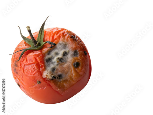  moldy red tomato covered with penicillin fungus, concept of recycling organic waste , spoiled, tomato, mold isolated on transparent white background, png