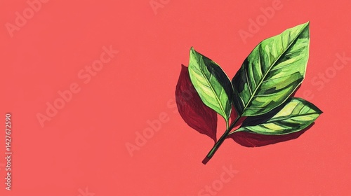 Green Leaves on Vibrant Coral Background for Natural Beauty Themes