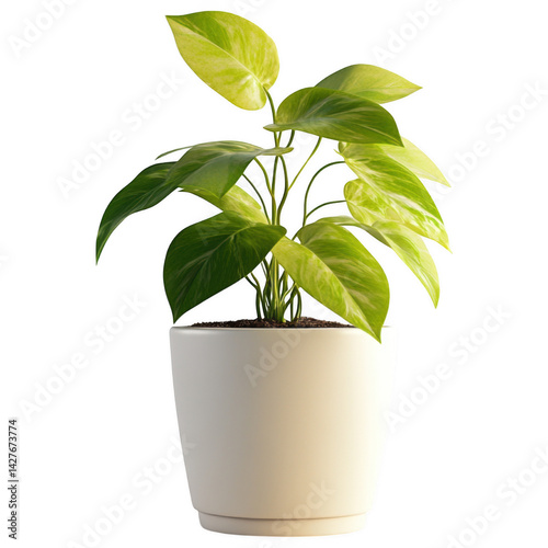 Golden Pothos Plant in White Pot Isolated on White Background
