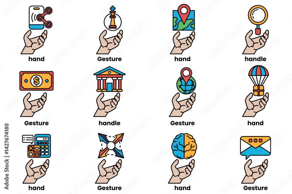 Obraz premium Set of illustrations of hands and things in line art style