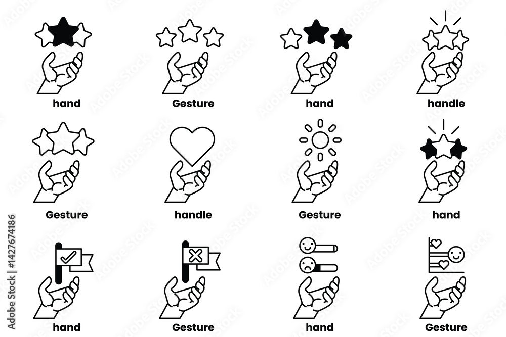 Set of illustrations of hands and things in line art style Set of illustrations of hands and things in line art style