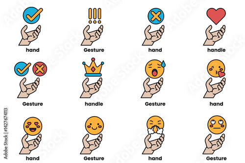 Set of illustrations of hands and things in line art style