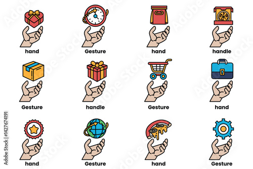 Set of illustrations of hands and things in line art style