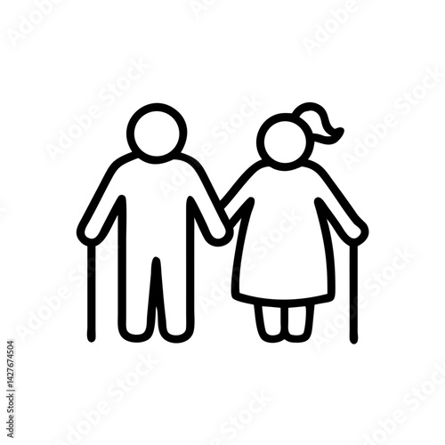 Elderly couple holding hands in minimalist line art style  