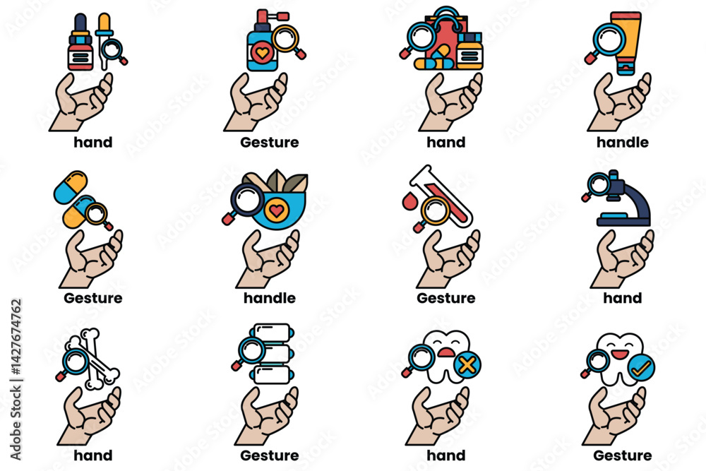 Obraz premium Set of illustrations of hands and things in line art style