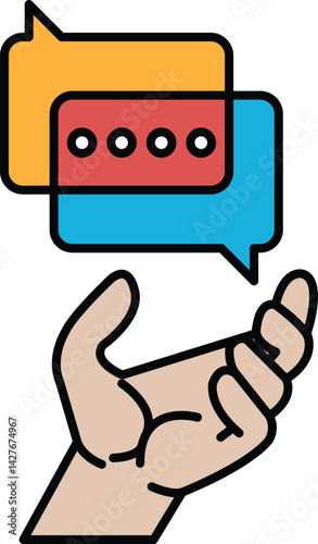 A hand holding two speech bubbles, one blue and one red