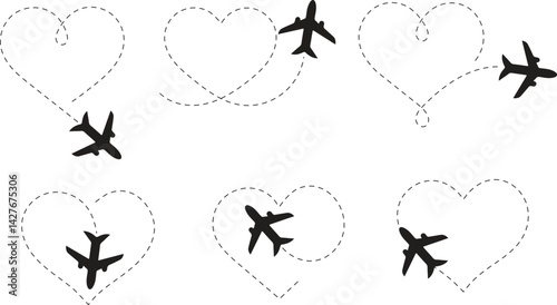 Airplane Heart Flight Paths – Travel Love Vector Illustration